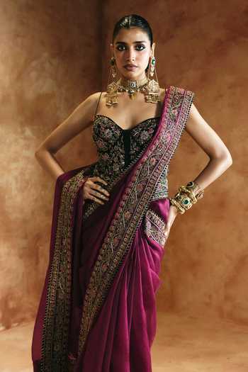 Shop Aman Takyar Purple Silk, Organza, Dupion Beads, Zari, Stones Embroidered Saree With Corset Online at Aza Fashions Shop_Aman Takyar_Purple Silk, Organza, Dupion Beads, Zari, Stones Embroidered Saree With Corset _Online_at_Aza_Fashions