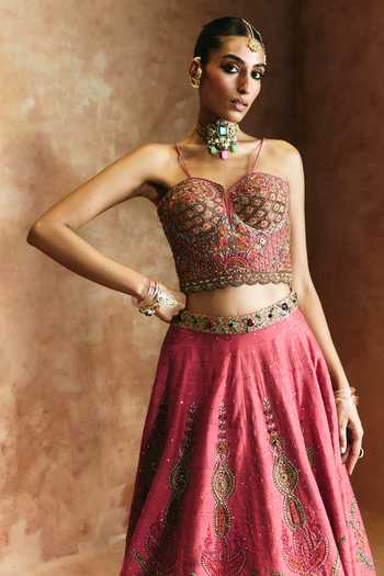 Shop Aman Takyar Pink Silk, Organza, Dupion Zari, Stones Sweetheart Neck Embroidered Lehenga Set Online at Aza Fashions Shop_Aman Takyar_Pink Silk, Organza, Dupion Zari, Stones Sweetheart Neck Embroidered Lehenga Set _Online_at_Aza_Fashions