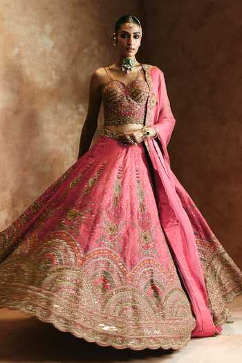 Buy Aman Takyar Pink Silk, Organza, Dupion Zari, Stones Sweetheart Neck Embroidered Lehenga Set Buy_Aman Takyar_Pink Silk, Organza, Dupion Zari, Stones Sweetheart Neck Embroidered Lehenga Set
