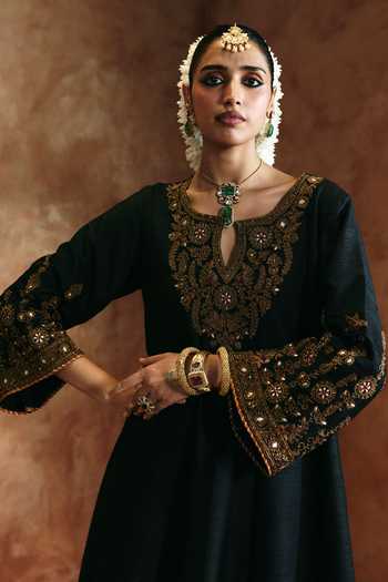 Aman Takyar Black Silk, Organza, Dupion Keyhole Neck, Yes Straight Embroidered Kurta Set at Aza Fashions Aman Takyar_Black Silk, Organza, Dupion Keyhole Neck, Yes Straight Embroidered Kurta Set _at_Aza_Fashions