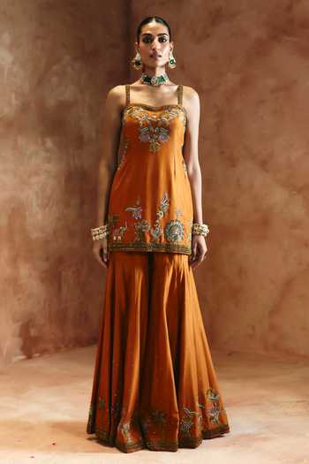 Buy Aman Takyar Orange Silk, Organza, Dupion Square Neck Embroidered Kurta Sharara Set Online at Aza Fashions Buy_Aman Takyar_Orange Silk, Organza, Dupion Square Neck Embroidered Kurta Sharara Set _Online_at_Aza_Fashions