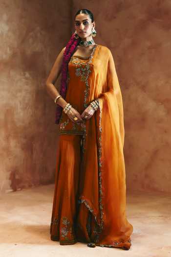 Shop Aman Takyar Orange Silk, Organza, Dupion Square Neck Embroidered Kurta Sharara Set Online at Aza Fashions Shop_Aman Takyar_Orange Silk, Organza, Dupion Square Neck Embroidered Kurta Sharara Set _Online_at_Aza_Fashions