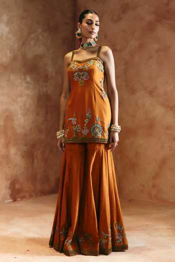 Aman Takyar Orange Silk, Organza, Dupion Square Neck Embroidered Kurta Sharara Set at Aza Fashions Aman Takyar_Orange Silk, Organza, Dupion Square Neck Embroidered Kurta Sharara Set _at_Aza_Fashions