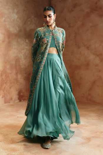 Aman Takyar Green Silk, Organza, Dupion Mandarin Collar, Embroidered Jacket Palazzo Set Online at Aza Fashions Aman Takyar_Green Silk, Organza, Dupion Mandarin Collar, Embroidered Jacket Palazzo Set _Online_at_Aza_Fashions