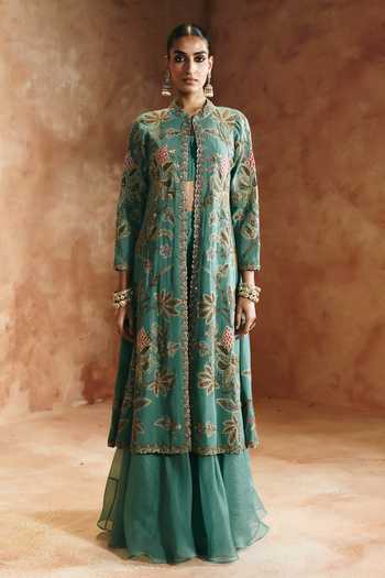 Buy Aman Takyar Green Silk, Organza, Dupion Mandarin Collar, Embroidered Jacket Palazzo Set Online at Aza Fashions Buy_Aman Takyar_Green Silk, Organza, Dupion Mandarin Collar, Embroidered Jacket Palazzo Set _Online_at_Aza_Fashions