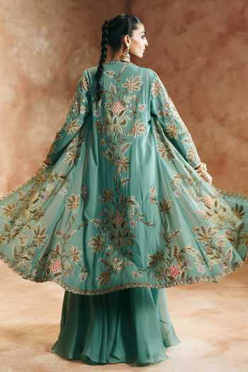 Shop Aman Takyar Green Silk, Organza, Dupion Mandarin Collar, Embroidered Jacket Palazzo Set Online at Aza Fashions Shop_Aman Takyar_Green Silk, Organza, Dupion Mandarin Collar, Embroidered Jacket Palazzo Set _Online_at_Aza_Fashions