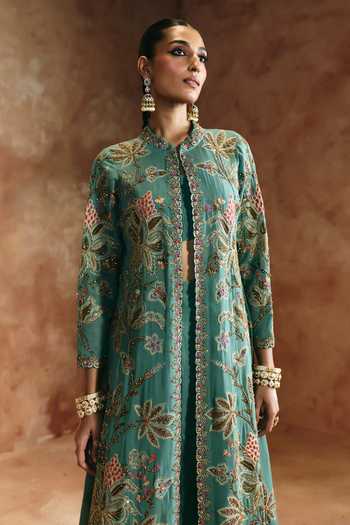 Aman Takyar Green Silk, Organza, Dupion Mandarin Collar, Embroidered Jacket Palazzo Set at Aza Fashions Aman Takyar_Green Silk, Organza, Dupion Mandarin Collar, Embroidered Jacket Palazzo Set _at_Aza_Fashions