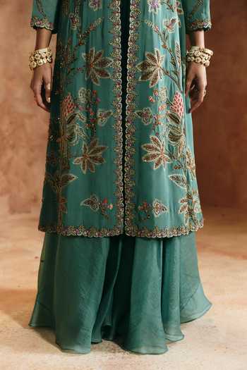 Buy Aman Takyar Green Silk, Organza, Dupion Mandarin Collar, Embroidered Jacket Palazzo Set Buy_Aman Takyar_Green Silk, Organza, Dupion Mandarin Collar, Embroidered Jacket Palazzo Set