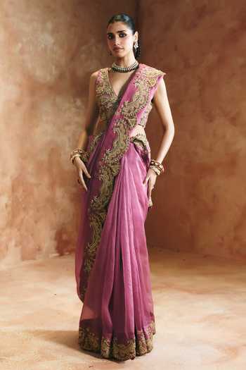 Aman Takyar Magenta Silk, Organza, Dupion V-neck Embroidered Saree With Blouse Online at Aza Fashions Aman Takyar_Magenta Silk, Organza, Dupion V-neck Embroidered Saree With Blouse _Online_at_Aza_Fashions
