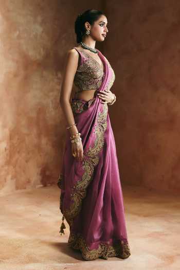 Buy Aman Takyar Magenta Silk, Organza, Dupion V-neck Embroidered Saree With Blouse Online at Aza Fashions Buy_Aman Takyar_Magenta Silk, Organza, Dupion V-neck Embroidered Saree With Blouse _Online_at_Aza_Fashions