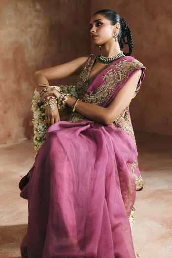 Shop Aman Takyar Magenta Silk, Organza, Dupion V-neck Embroidered Saree With Blouse Online at Aza Fashions Shop_Aman Takyar_Magenta Silk, Organza, Dupion V-neck Embroidered Saree With Blouse _Online_at_Aza_Fashions