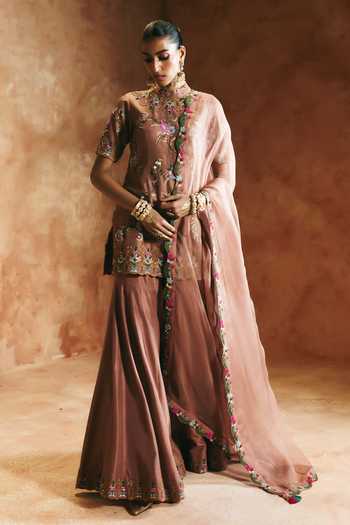 Shop Aman Takyar Brown Silk, Organza, Dupion High Neck, Yes Embroidered Kurta Set Online at Aza Fashions Shop_Aman Takyar_Brown Silk, Organza, Dupion High Neck, Yes Embroidered Kurta Set _Online_at_Aza_Fashions