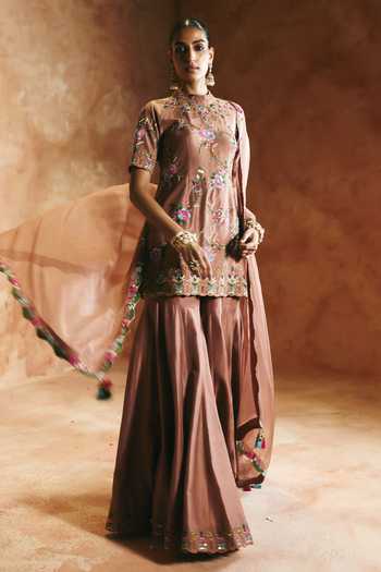 Aman Takyar Brown Silk, Organza, Dupion High Neck, Yes Embroidered Kurta Set at Aza Fashions Aman Takyar_Brown Silk, Organza, Dupion High Neck, Yes Embroidered Kurta Set _at_Aza_Fashions