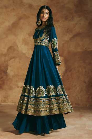 Aman Takyar_Blue Silk, Organza, Dupion Zari, Stones, Mirrors, Cut Embroidered Anarkali Set _Online_at_Aza_Fashions