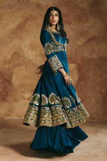 Buy_Aman Takyar_Blue Silk, Organza, Dupion Zari, Stones, Mirrors, Cut Embroidered Anarkali Set _Online_at_Aza_Fashions