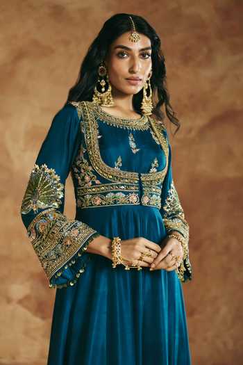 Shop_Aman Takyar_Blue Silk, Organza, Dupion Zari, Stones, Mirrors, Cut Embroidered Anarkali Set _Online_at_Aza_Fashions