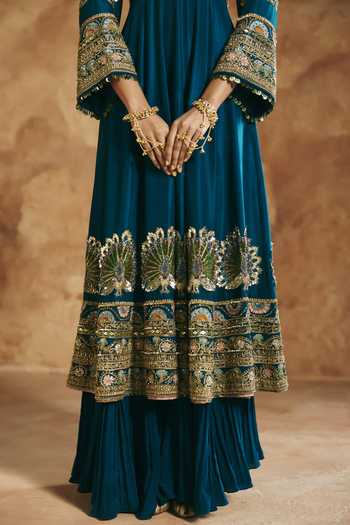 Aman Takyar_Blue Silk, Organza, Dupion Zari, Stones, Mirrors, Cut Embroidered Anarkali Set _at_Aza_Fashions