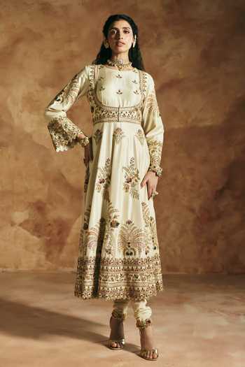 Shop_Aman Takyar_Ivory Silk, Organza, Dupion Round Neck Embroidered Anarkali Set _Online_at_Aza_Fashions