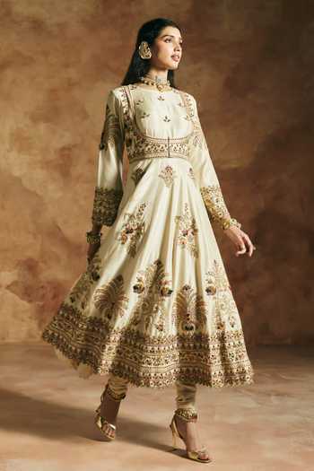 Aman Takyar_Ivory Silk, Organza, Dupion Round Neck Embroidered Anarkali Set _at_Aza_Fashions