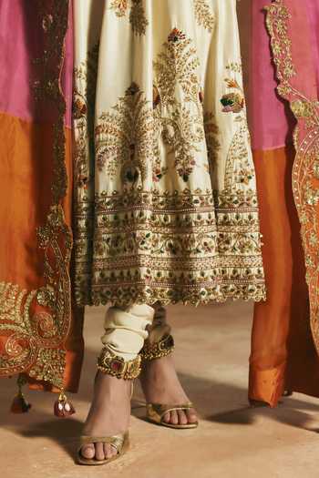 Shop_Aman Takyar_Ivory Silk, Organza, Dupion Round Neck Embroidered Anarkali Set 