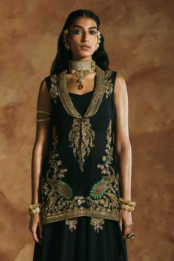 Aman Takyar Black Silk, Organza, Dupion Sweetheart Neck Embroidered Jacket Sharara Set Online at Aza Fashions Aman Takyar_Black Silk, Organza, Dupion Sweetheart Neck Embroidered Jacket Sharara Set _Online_at_Aza_Fashions