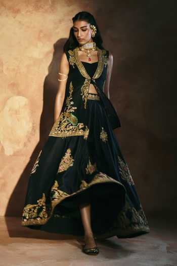 Buy Aman Takyar Black Silk, Organza, Dupion Sweetheart Neck Embroidered Jacket Sharara Set Online at Aza Fashions Buy_Aman Takyar_Black Silk, Organza, Dupion Sweetheart Neck Embroidered Jacket Sharara Set _Online_at_Aza_Fashions