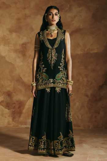 Shop Aman Takyar Black Silk, Organza, Dupion Sweetheart Neck Embroidered Jacket Sharara Set Online at Aza Fashions Shop_Aman Takyar_Black Silk, Organza, Dupion Sweetheart Neck Embroidered Jacket Sharara Set _Online_at_Aza_Fashions