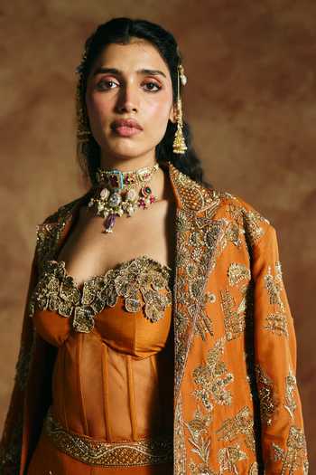 Aman Takyar Orange Silk, Organza, Dupion Beads, Zari, Cut Embroidered Jacket Sharara Set at Aza Fashions Aman Takyar_Orange Silk, Organza, Dupion Beads, Zari, Cut Embroidered Jacket Sharara Set _at_Aza_Fashions