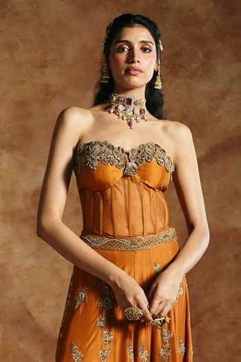Aman Takyar Orange Silk, Organza, Dupion Sweetheart Hand Embroidered Corset And Sharara Set Online at Aza Fashions Aman Takyar_Orange Silk, Organza, Dupion Sweetheart Hand Embroidered Corset And Sharara Set _Online_at_Aza_Fashions