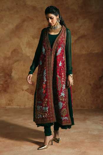 Aman Takyar Red Silk, Georgette Open , Round Embroidered Jacket With Anarkali Online at Aza Fashions Aman Takyar_Red Silk, Georgette Open , Round Embroidered Jacket With Anarkali _Online_at_Aza_Fashions