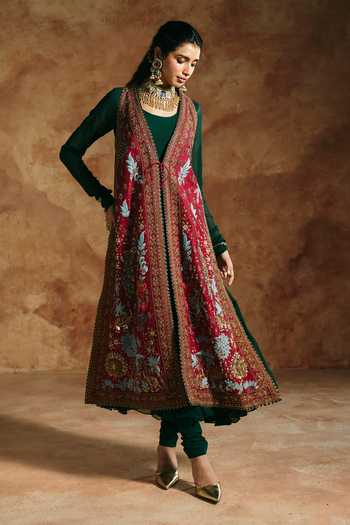 Buy Aman Takyar Red Silk, Georgette Open , Round Embroidered Jacket With Anarkali Online at Aza Fashions Buy_Aman Takyar_Red Silk, Georgette Open , Round Embroidered Jacket With Anarkali _Online_at_Aza_Fashions