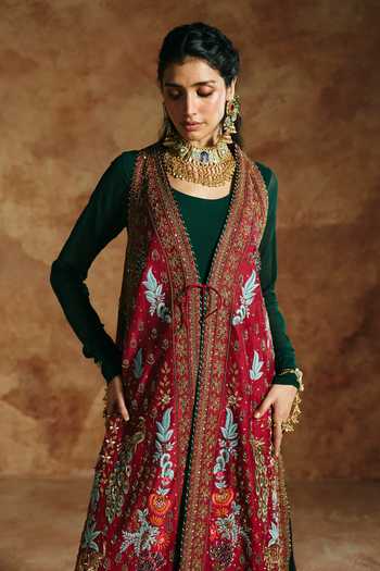 Shop Aman Takyar Red Silk, Georgette Open , Round Embroidered Jacket With Anarkali Online at Aza Fashions Shop_Aman Takyar_Red Silk, Georgette Open , Round Embroidered Jacket With Anarkali _Online_at_Aza_Fashions