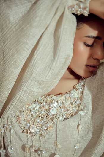 Babita M_Ivory Silk, Satin Scoop Neck Lunelle Embellished Top Skirt Set _Online_at_Aza_Fashions