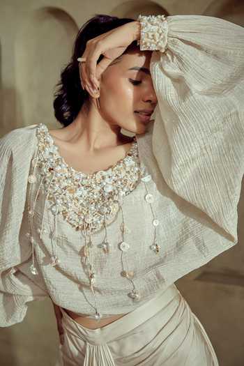 Buy_Babita M_Ivory Silk, Satin Scoop Neck Lunelle Embellished Top Skirt Set _Online_at_Aza_Fashions