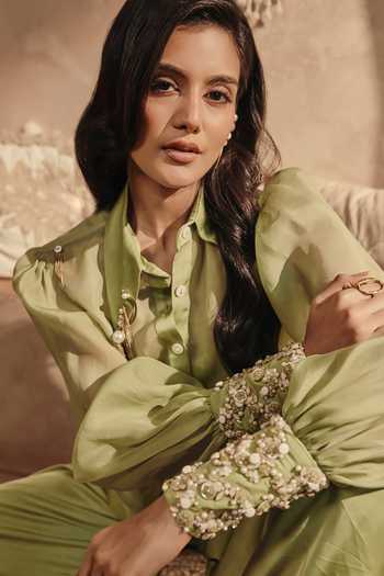 Buy_Babita M_Green Silk Pearls Button-down Neck Auralis Cuff Embroidered Shirt And Pant Set _Online_at_Aza_Fashions