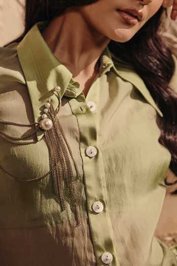 Babita M_Green Silk Pearls Button-down Neck Auralis Cuff Embroidered Shirt And Pant Set _at_Aza_Fashions