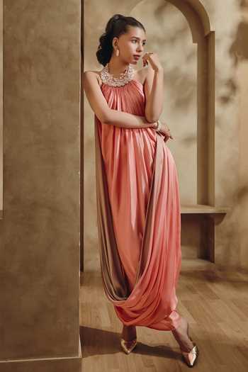 Babita M Beige Satin Sequins, Beads, Pearls, Stones Halter Neck Marea Embellished Gown Online at Aza Fashions Babita M_Beige Satin Sequins, Beads, Pearls, Stones Halter Neck Marea Embellished Gown _Online_at_Aza_Fashions