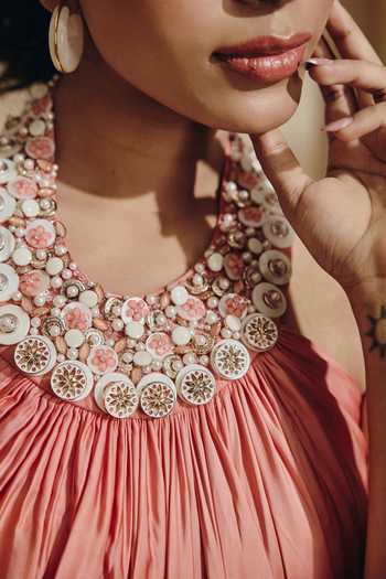 Shop Babita M Beige Satin Sequins, Beads, Pearls, Stones Halter Neck Marea Embellished Gown Online at Aza Fashions Shop_Babita M_Beige Satin Sequins, Beads, Pearls, Stones Halter Neck Marea Embellished Gown _Online_at_Aza_Fashions