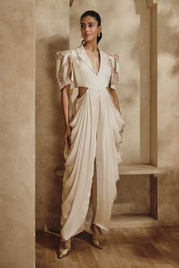 Babita M Nacre Sculpted-Shoulder Embellished Jumpsuit 