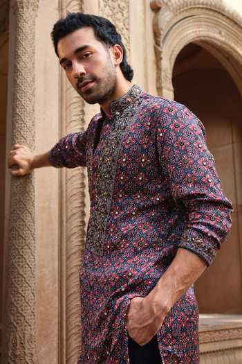 Shop Darzi House Blue Satin, Modal Mehrangarh Printed Kurta Set With Dupatta Online at Aza Fashions Shop_Darzi House_Blue Satin, Modal Mehrangarh Printed Kurta Set With Dupatta _Online_at_Aza_Fashions