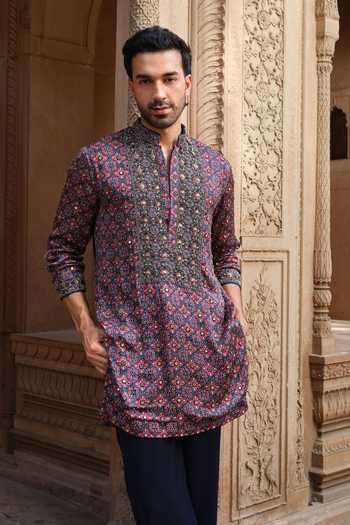 Darzi House Blue Satin, Modal Mehrangarh Printed Kurta Set With Dupatta at Aza Fashions Darzi House_Blue Satin, Modal Mehrangarh Printed Kurta Set With Dupatta _at_Aza_Fashions