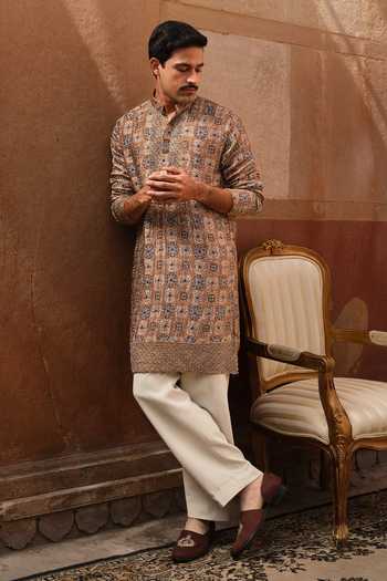 Darzi House_Beige Satin, Modal Osian Ajrakh Print Kurta Set _Online_at_Aza_Fashions