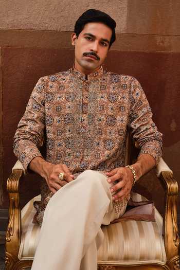 Buy_Darzi House_Beige Satin, Modal Osian Ajrakh Print Kurta Set _Online_at_Aza_Fashions