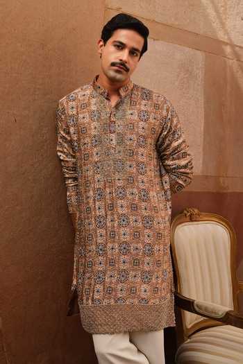 Darzi House_Beige Satin, Modal Osian Ajrakh Print Kurta Set _at_Aza_Fashions