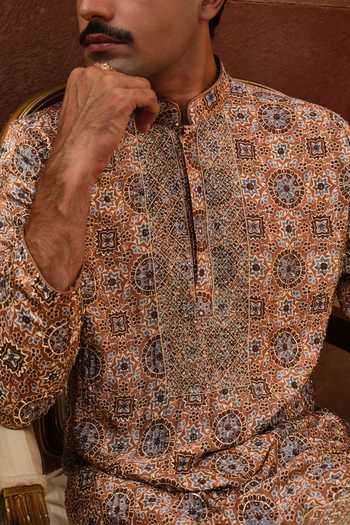 Buy_Darzi House_Beige Satin, Modal Osian Ajrakh Print Kurta Set 