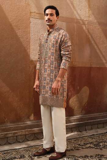 Shop_Darzi House_Beige Satin, Modal Osian Ajrakh Print Kurta Set 