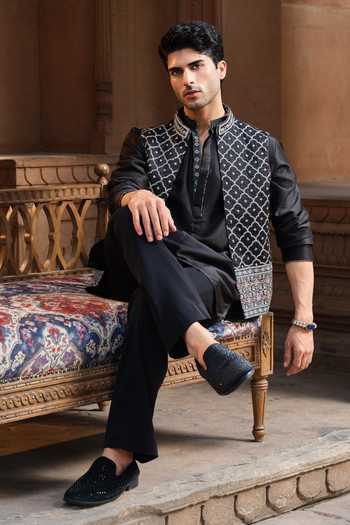 Darzi House Black Chanderi Silk Jalore Kurta And Nehru Jacket Set Online at Aza Fashions Darzi House_Black Chanderi Silk Jalore Kurta And Nehru Jacket Set _Online_at_Aza_Fashions