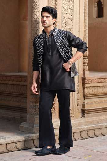 Buy Darzi House Black Chanderi Silk Jalore Kurta And Nehru Jacket Set Online at Aza Fashions Buy_Darzi House_Black Chanderi Silk Jalore Kurta And Nehru Jacket Set _Online_at_Aza_Fashions