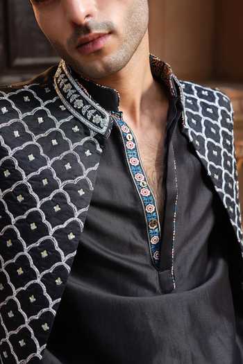 Shop Darzi House Black Chanderi Silk Jalore Kurta And Nehru Jacket Set Online at Aza Fashions Shop_Darzi House_Black Chanderi Silk Jalore Kurta And Nehru Jacket Set _Online_at_Aza_Fashions