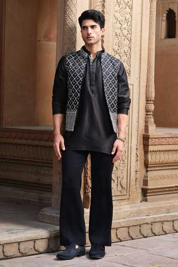 Darzi House Black Chanderi Silk Jalore Kurta And Nehru Jacket Set at Aza Fashions Darzi House_Black Chanderi Silk Jalore Kurta And Nehru Jacket Set _at_Aza_Fashions